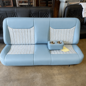 White houndstooth with powder blue bolsters