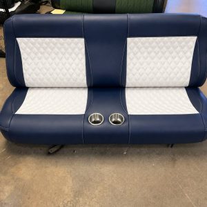Custom Bench seats in a two-tone light blue and white