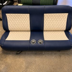 Classic two-tone cream and dark navy blue bench seat for 1984 Chevy K10 Silverado.